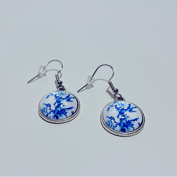 Kavi Jewelry - Handmade Glass Dome Hanging Drop Earrings | Blue & White Theme